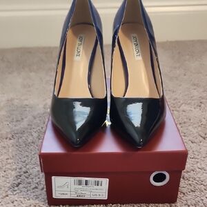 Blue and Black High Heels with Stiletto Design and Pointed Toe